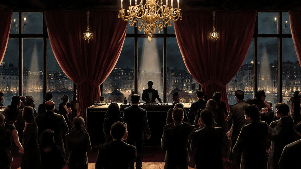 Glamorous crowd at a Parisian club under golden lights, elegant and quiet, no phones in sight.