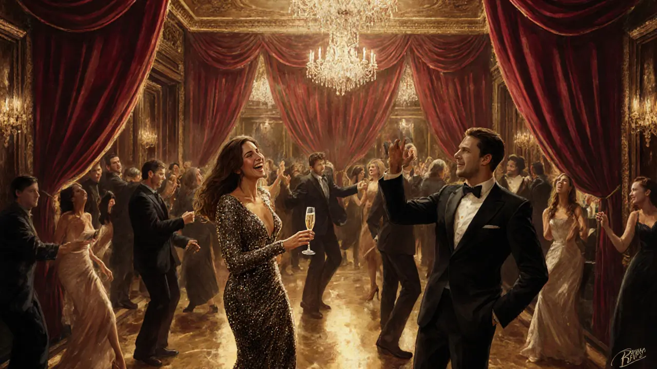 Glamorous crowd at Le Baron nightclub dancing under velvet drapes and chandeliers, elegant attire, golden ambient light reflecting on floors.