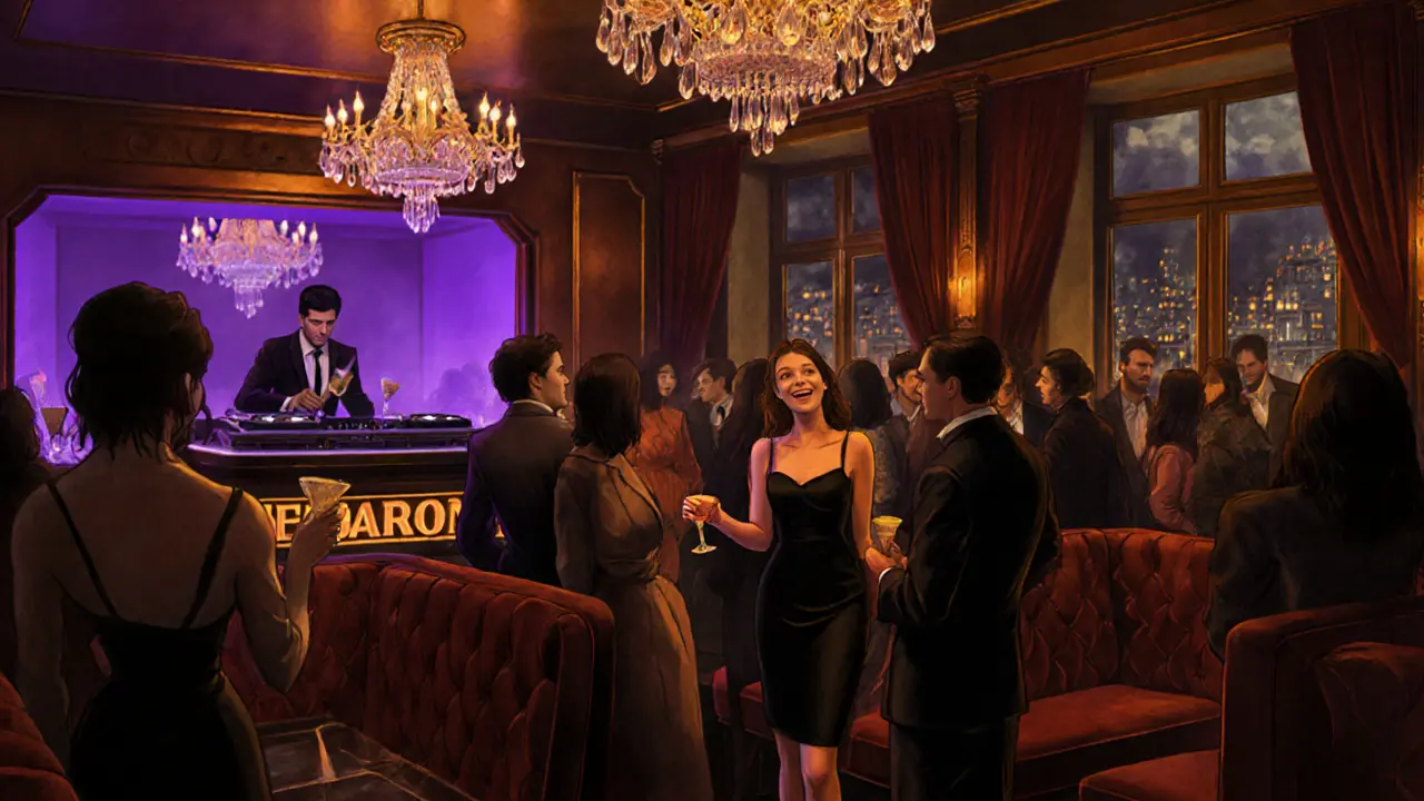 Glamorous nightclub scene with velvet booths, stylish patrons, and dim amber lighting in a Parisian jazz-inspired venue.