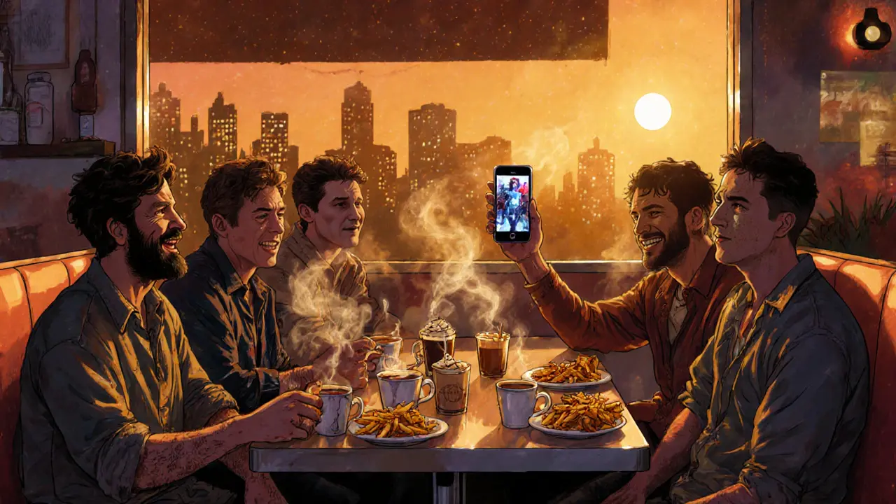 Group of men sharing fries and milkshakes at a 24-hour diner as sunrise lights the window.
