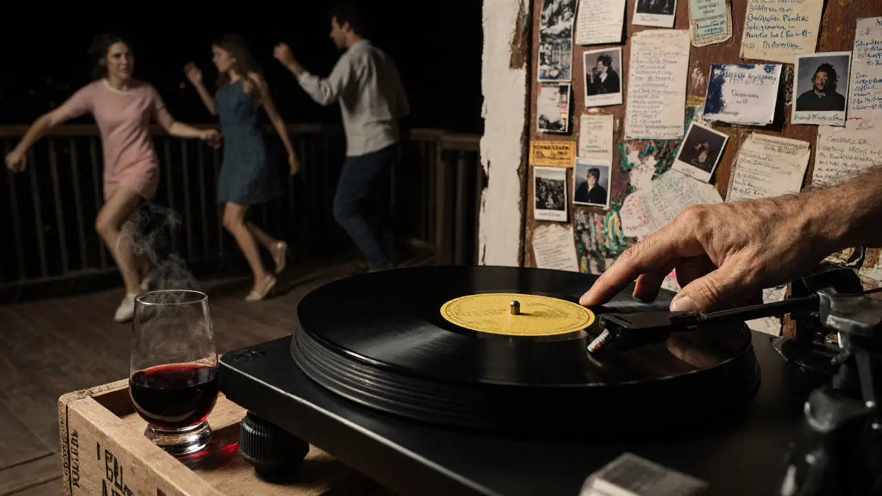 Hands placing a vinyl record on a turntable in a cozy music venue, with blurred dancers and faded concert posters in the background.