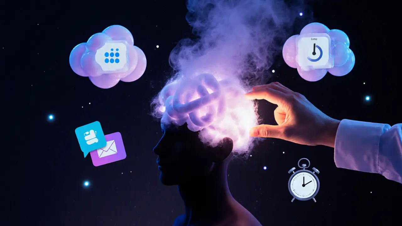 Human silhouette with tension knots dissolving into calming smoke, therapeutic hand releasing stress.