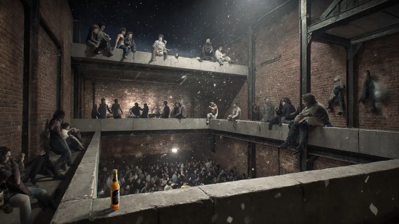 Industrial nightclub interior with patrons on multiple levels under minimal lighting.