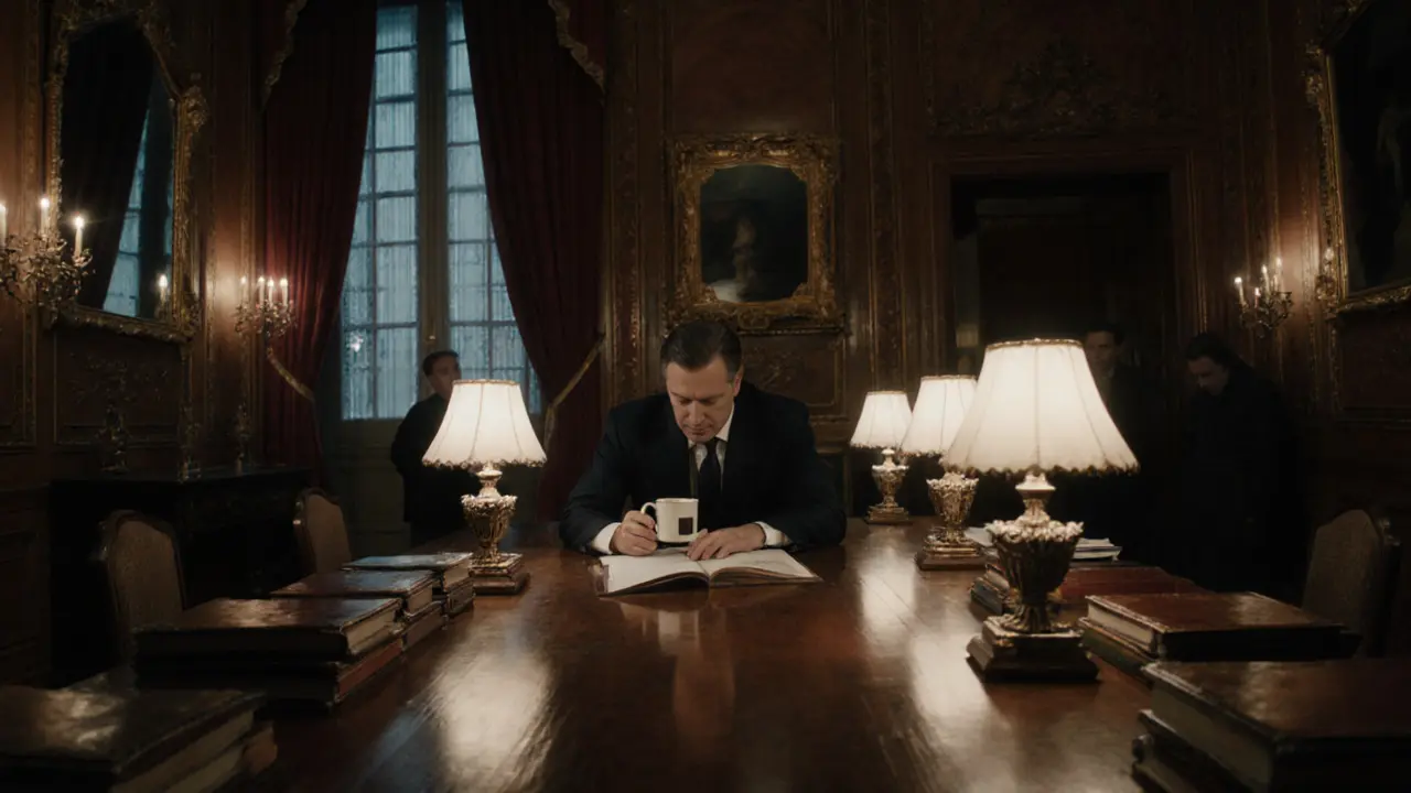 Interior of a historic government room with a long table, lamps, and documents, no modern devices, dim lighting, atmosphere of quiet decision-making.