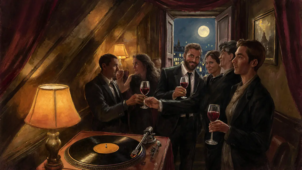 Intimate underground jazz club hidden under a staircase, patrons sharing wine in warm amber light.