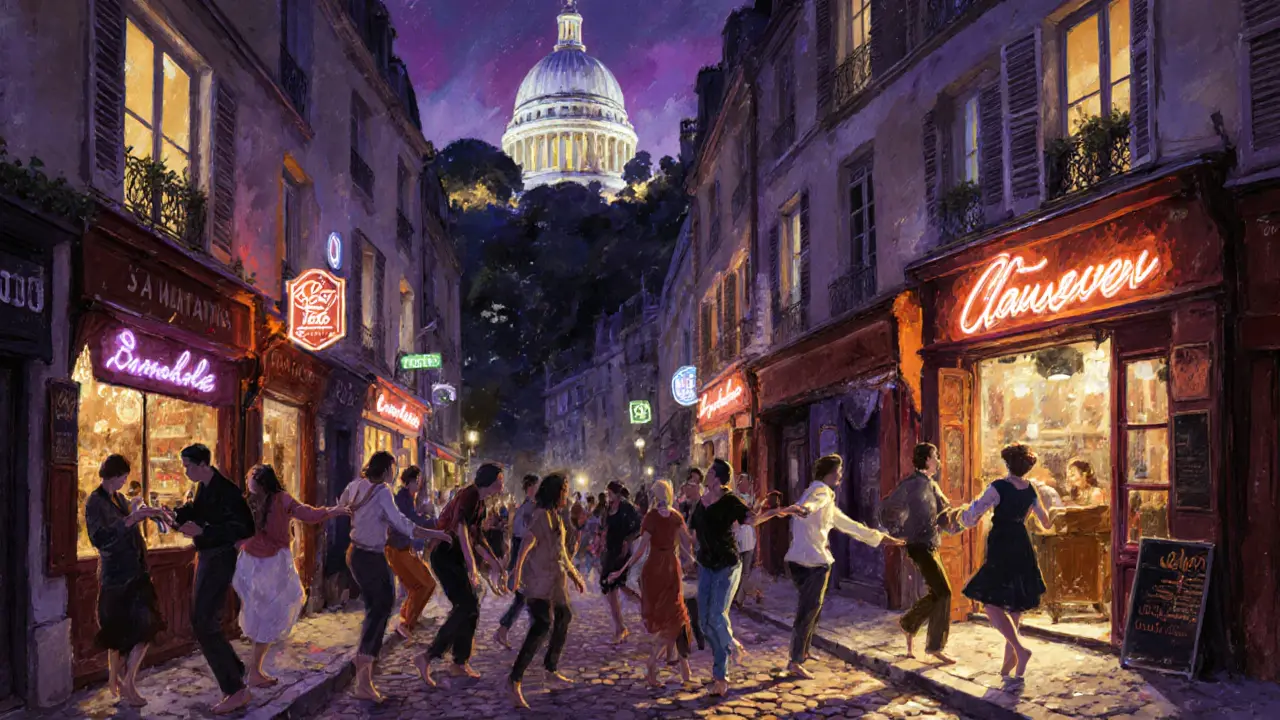 Locals dance in a Montmartre alley to live jazz, with Sacré-Cœur glowing in the distance.