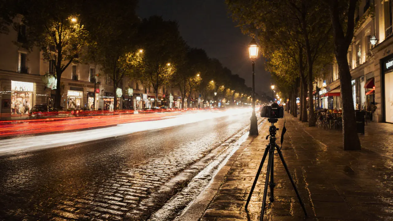 Long-exposure car light trails along Champs-Élysées at night, wet streets reflecting warm city lights.