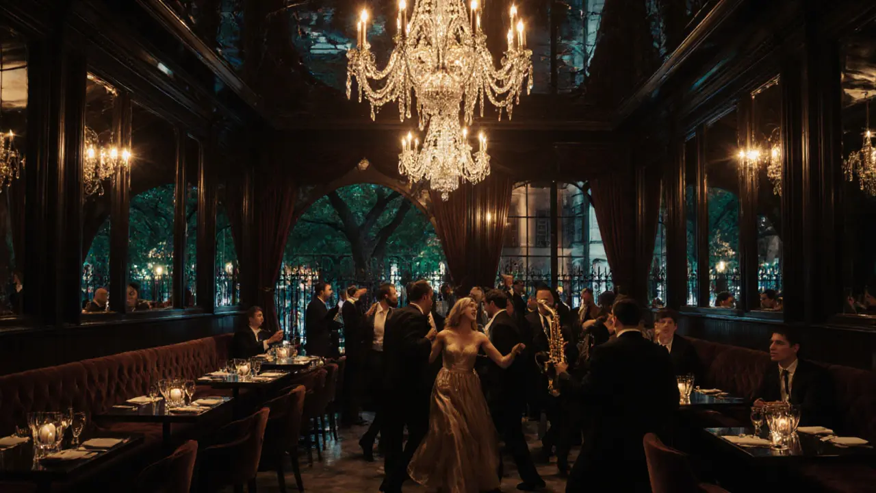 Modern Bagatelle nightclub at night with chandelier, mirrored ceiling, and stylish crowd dancing