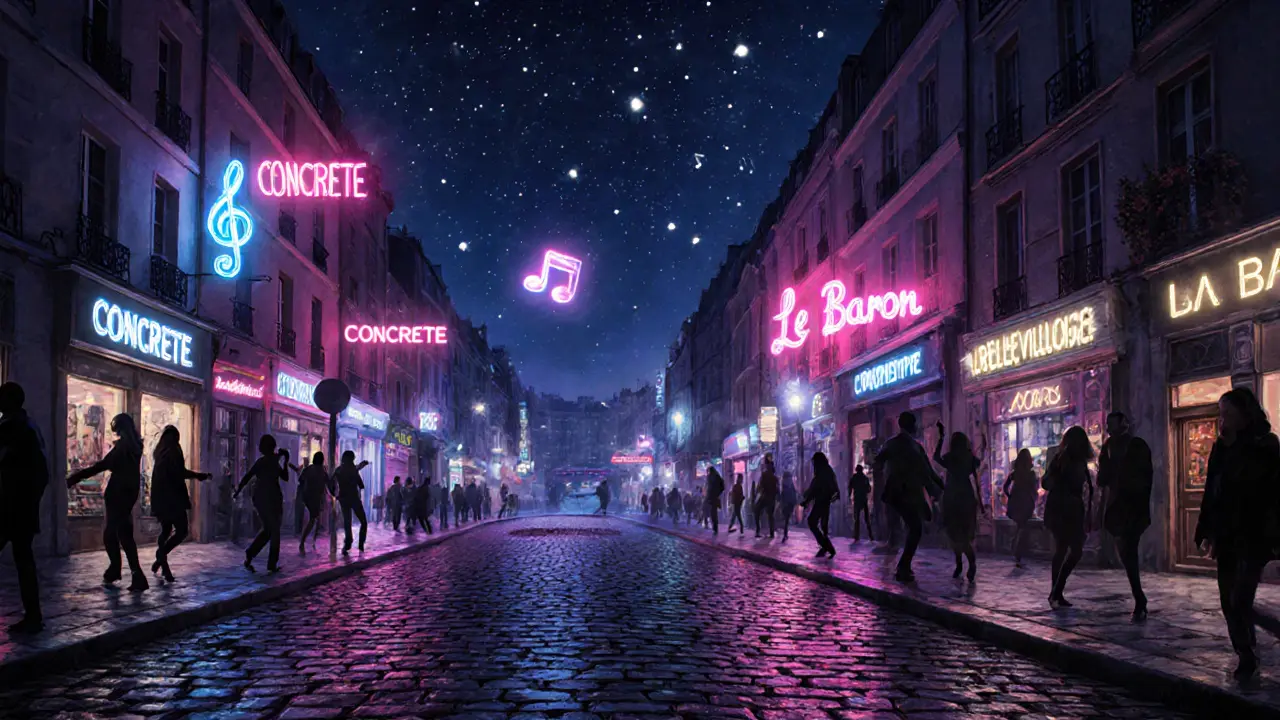 Paris cityscape transformed into pulsing soundwaves and neon club signs at night.