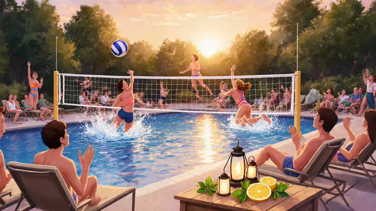 People playing pool volleyball at sunset with splashing water and floating lanterns nearby.