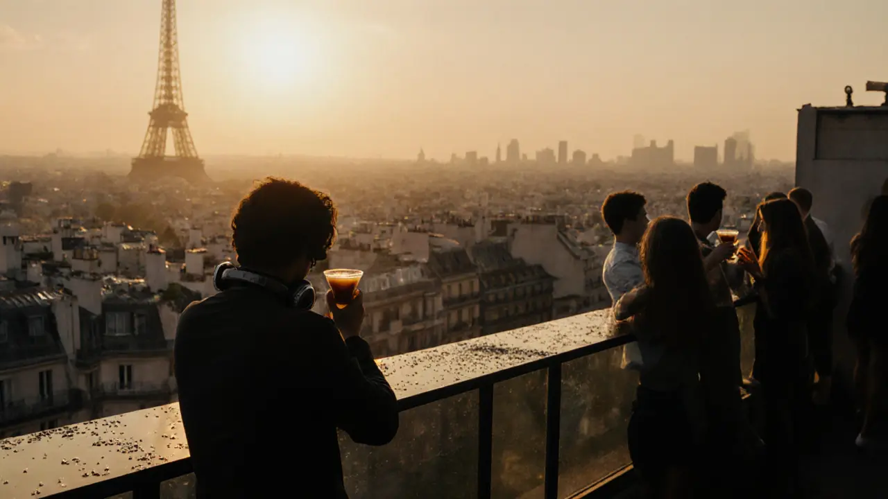 People relaxing on a rooftop terrace at sunrise with coffee drinks, Eiffel Tower visible in the distance.