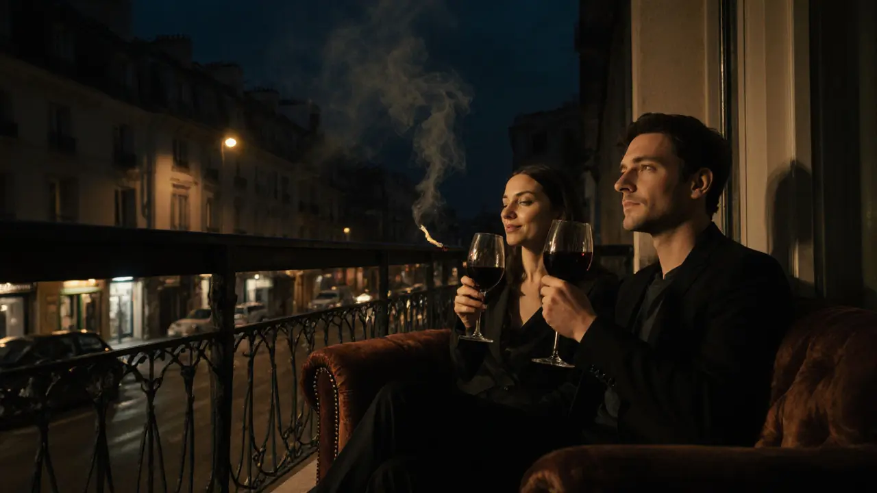 Quiet balcony at 3 AM with a glowing cigarette, people resting inside a dimly lit club after hours.