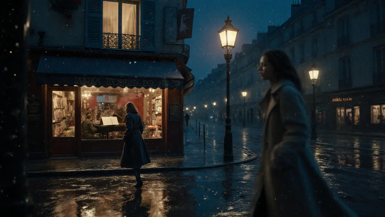 Rainy midnight square in Saint-Germain-des-Prés with café lights reflecting on wet streets and a lone woman walking past.