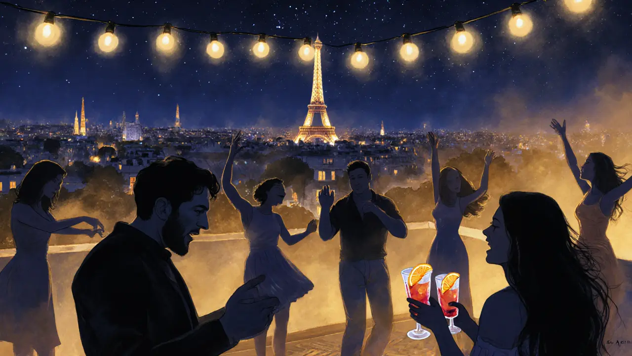 Rooftop party at Le Duplex Paris with Eiffel Tower in distance, soft lights, people laughing with drinks.