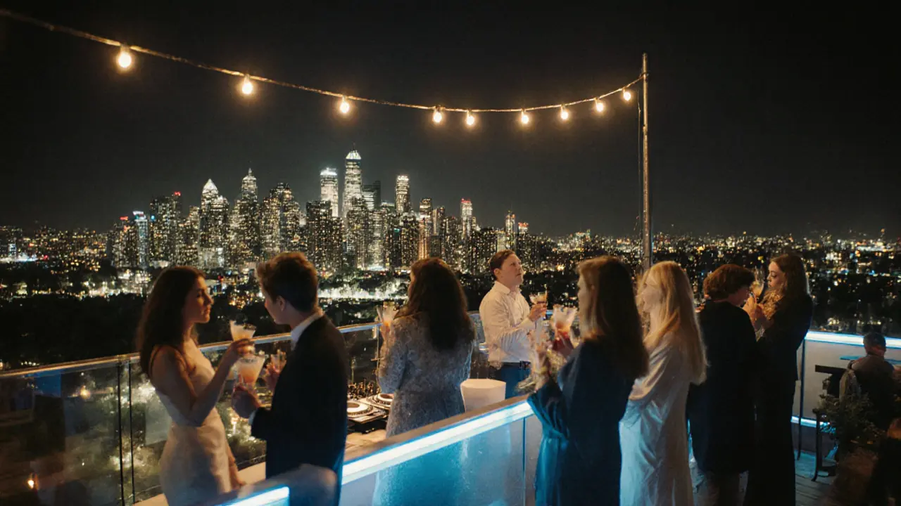 Rooftop party in Sydney with city lights and elegant guests under string lights.
