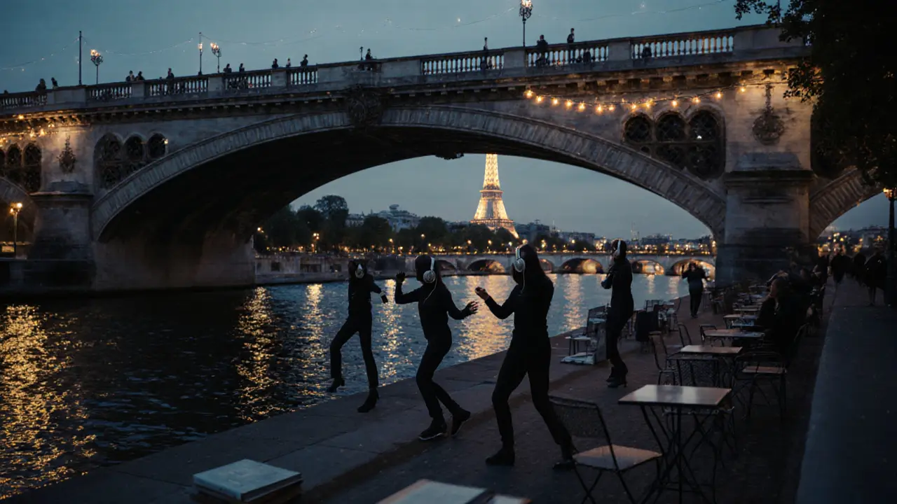 Silent disco under Pont Alexandre III, people dancing with headphones as the Eiffel Tower reflects on the Seine.