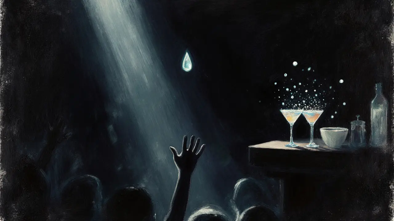 Silent moment before bass drop: single beam of light, silhouettes frozen, glowing particles floating in darkness.