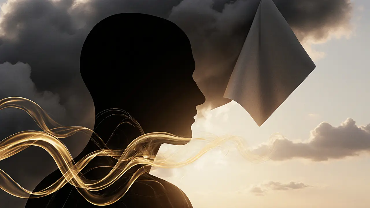 Silhouette releasing tension as golden light dissolves stress clouds, symbolizing emotional and physical relief.