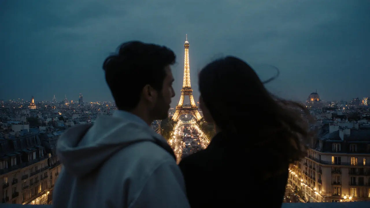 Silhouetted couple on a rooftop at dusk, Paris glowing below with the Eiffel Tower lit up.