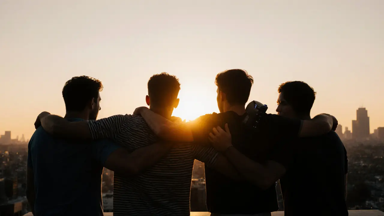 Silhouettes of friends on a rooftop at sunrise, arms linked, celebrating after dancing all night.