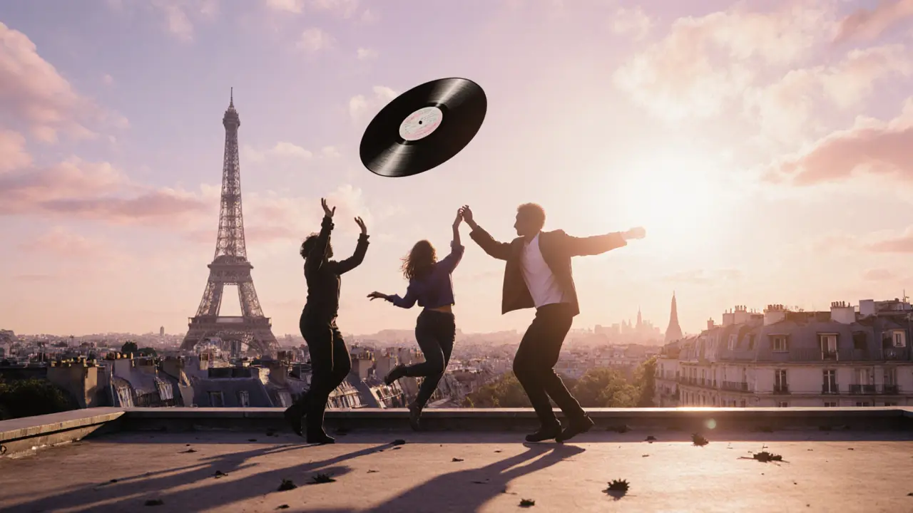Silhouettes of strangers dancing on a Paris rooftop at sunrise, vinyl record floating mid-air, Sacré-Cœur visible in the distance.