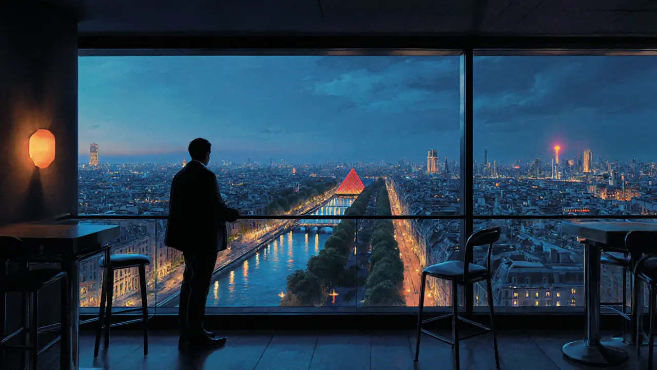 Sole figure overlooking Paris from the high terrace of Montparnasse Tower, city lights spread below like a glittering map.