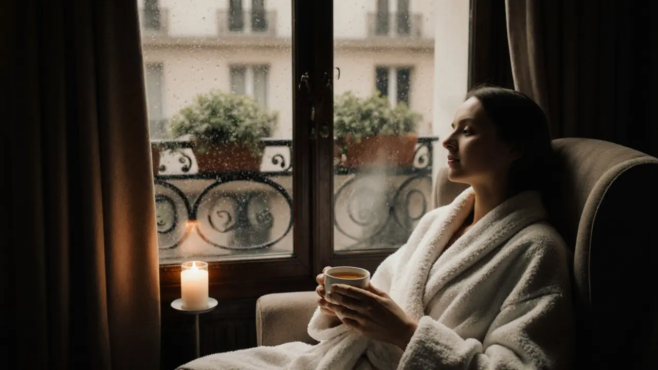Someone sitting quietly after a massage, wrapped in a robe, sipping tea as rain falls gently outside.