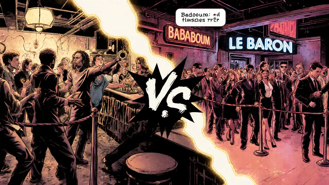 Split illustration: raw, inclusive dance floor vs. exclusive, posed nightclub scene—soul versus status.