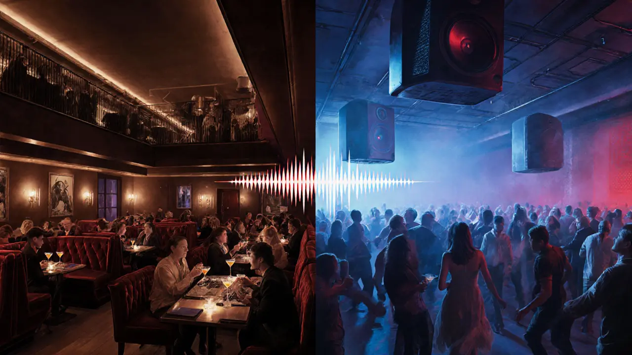 Split scene: elegant lounge upstairs and vibrant dance floor downstairs at Le Duplex Paris.