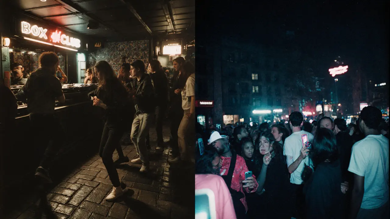 Split-screen: quiet Paris club vs. loud London club, contrasting styles of nightlife and dress.
