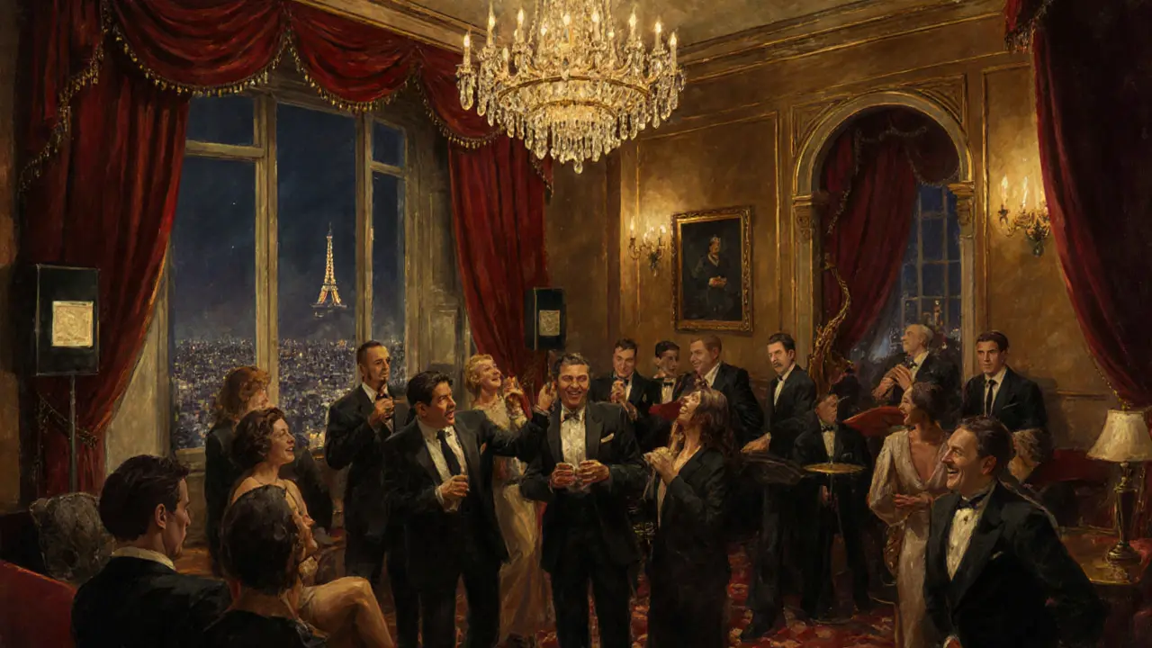 Stylish guests mingling in a luxurious 1920s lounge with golden lighting and jazz musicians.