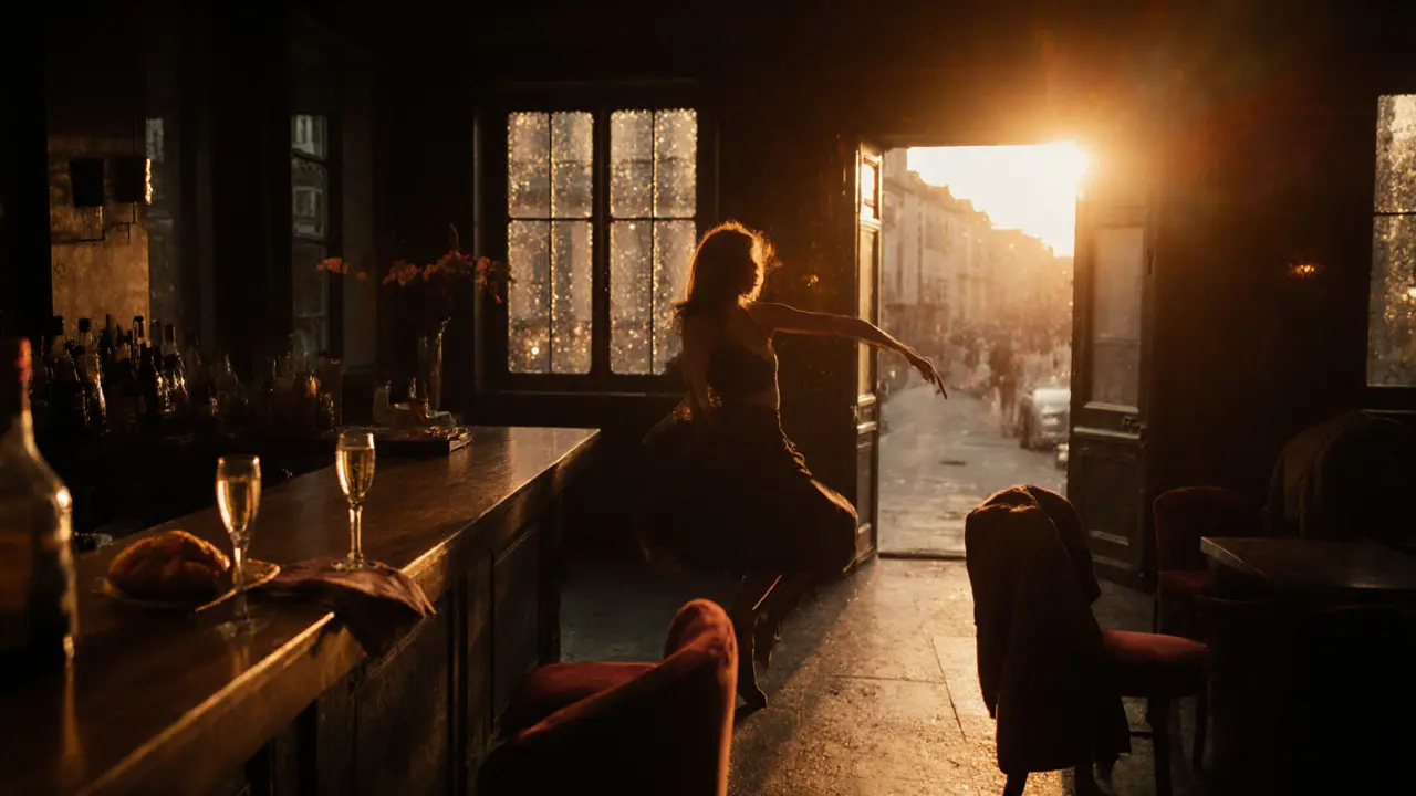 Sunrise at Le Duplex: one dancer sways quietly as dawn light enters, croissant and wine on counter.