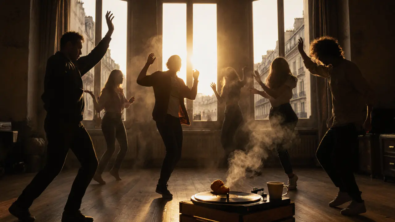 Sunrise inside a quiet club after a Sunday set, coffee and croissant on a crate, last dancers swaying gently.