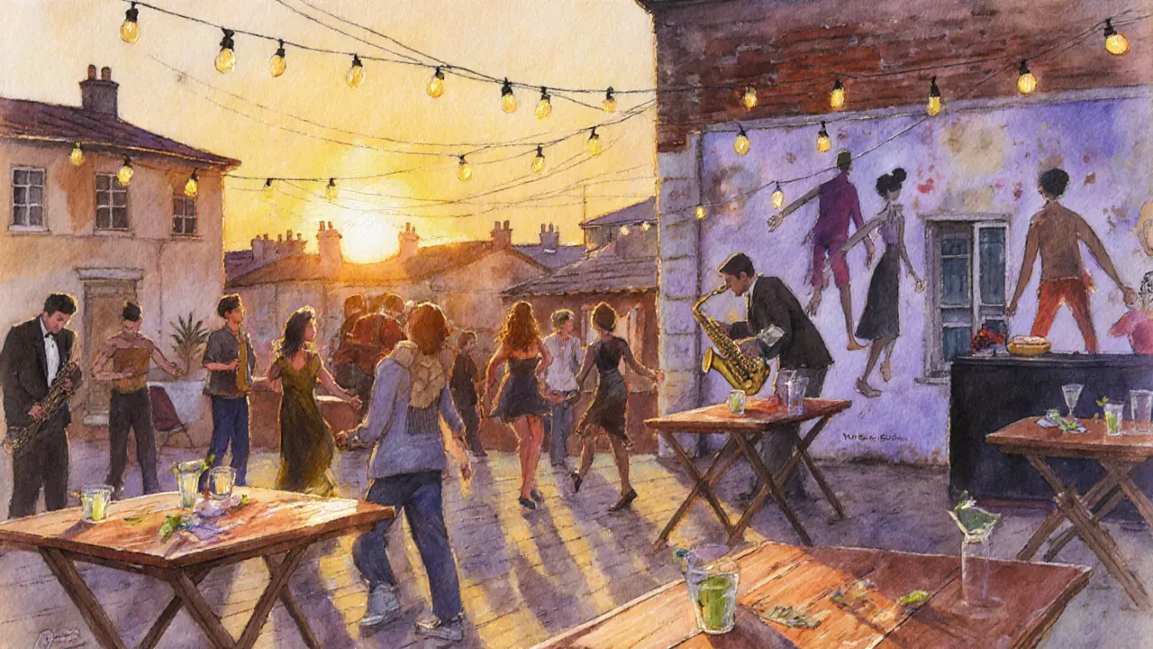 Sunrise over a former warehouse club, last dancers swaying as morning light enters, empty glasses and scattered scarves on tables.