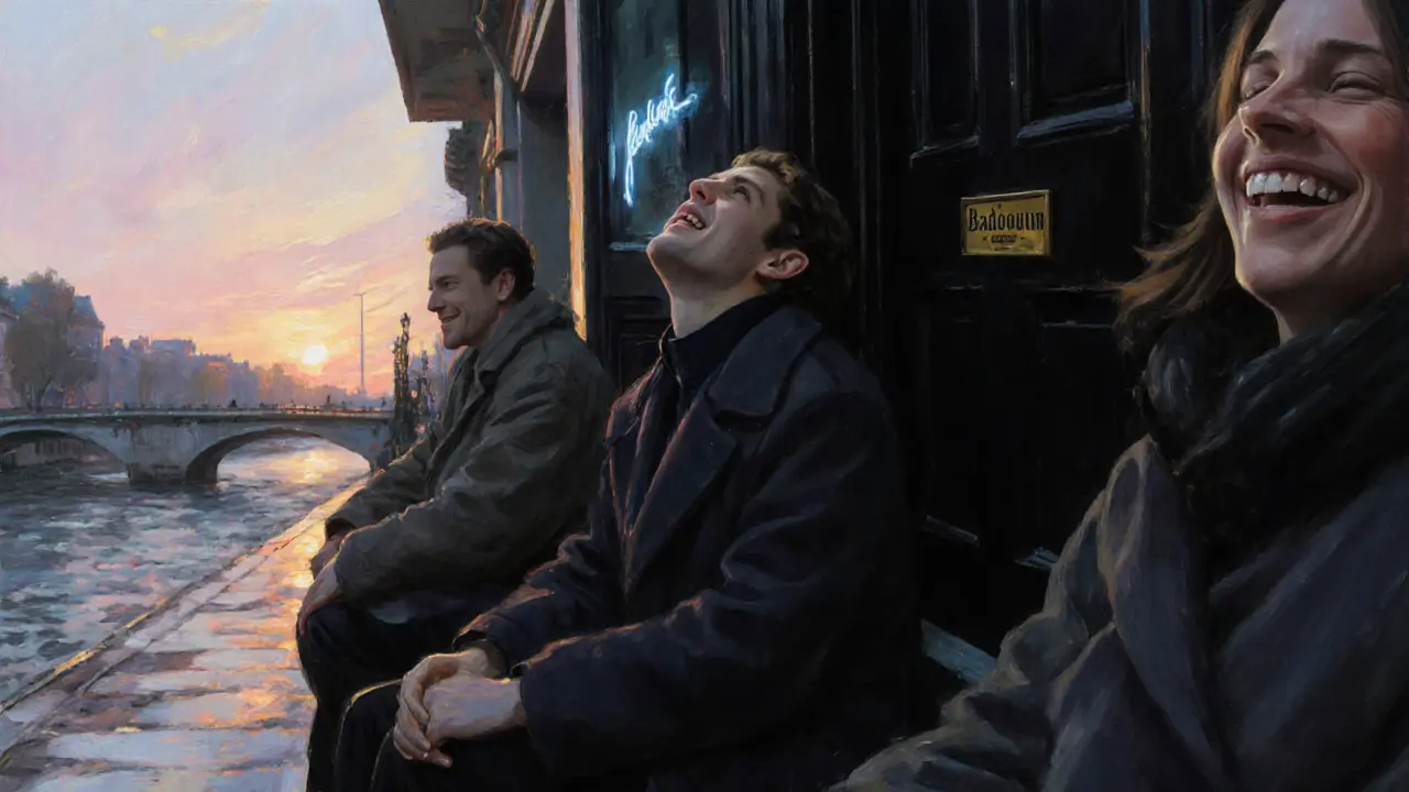 Sunrise over the Seine as exhausted but happy clubgoers sit on steps outside Badaboum, wrapped in coats, smiling in quiet joy.