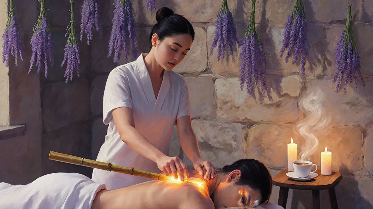 Thai fusion massage using heated bamboo sticks in a candlelit Montmartre studio, surrounded by lavender and warm light.