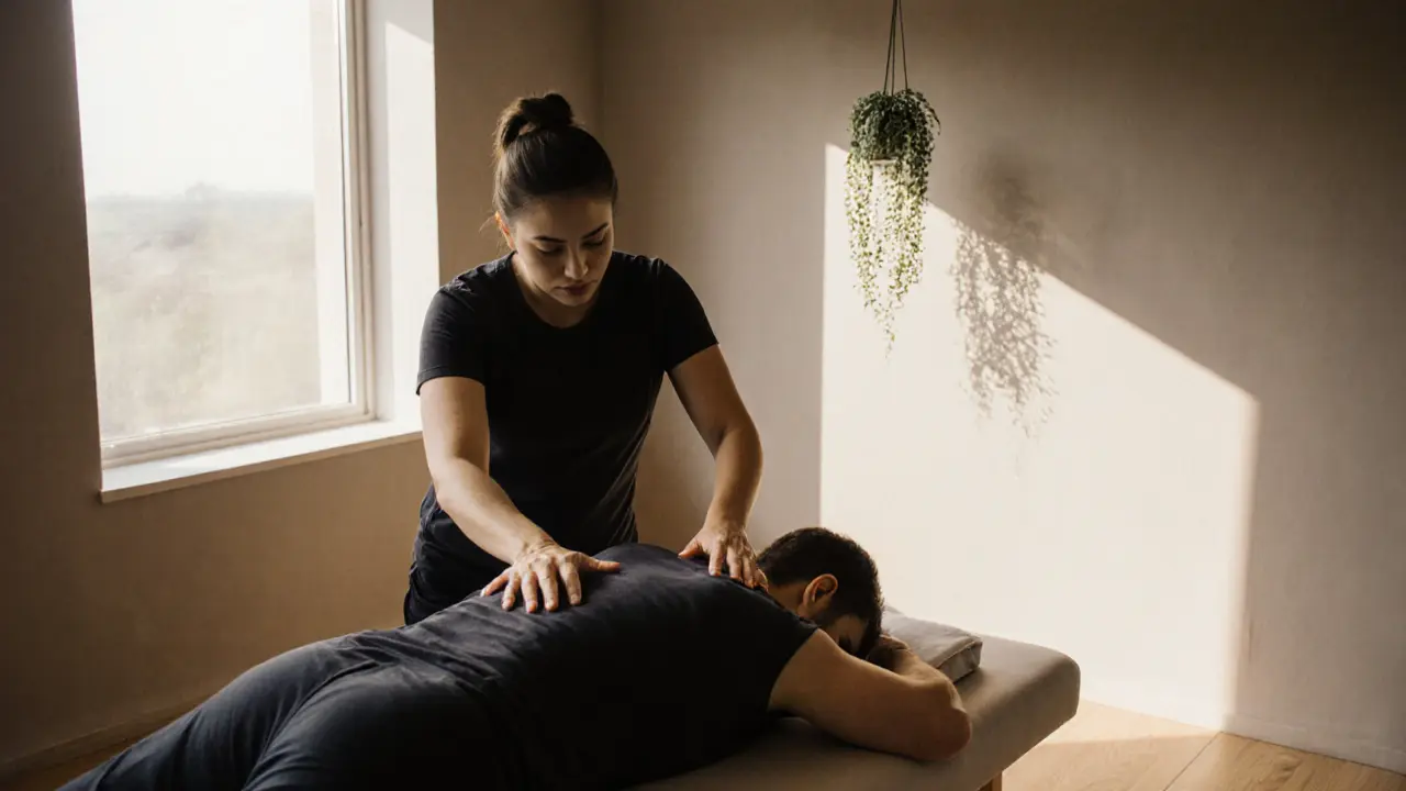 Therapist applying deep tissue massage to client&#039;s back in minimalist studio with natural light.