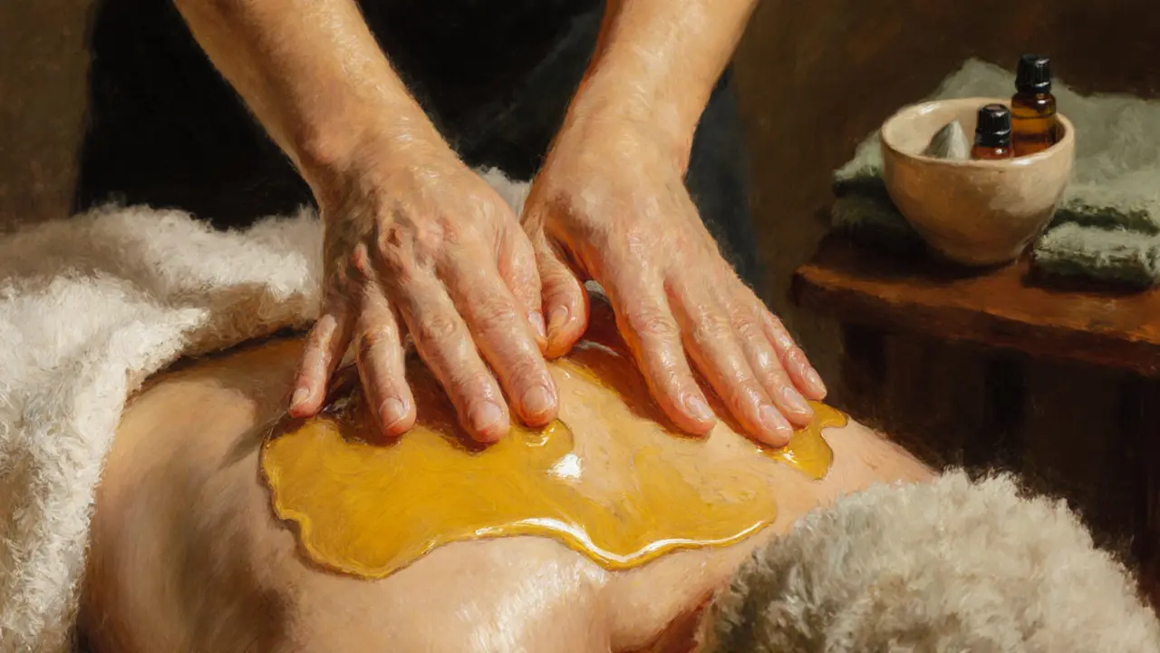Therapist’s hands gliding slowly with warm oil over a person’s back in a quiet, intimate setting.