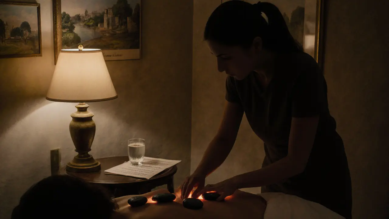 Therapist using warm stones on a client&#039;s back in a calm, candlelit spa with tea nearby.