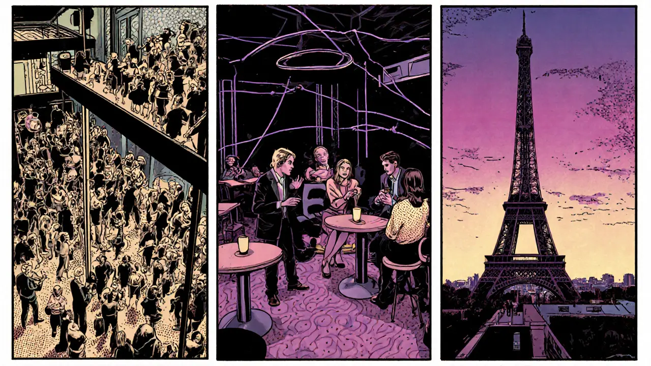 Three-panel comic-style view of Le Duplex Paris: ground floor dance, lounge chill, rooftop view.