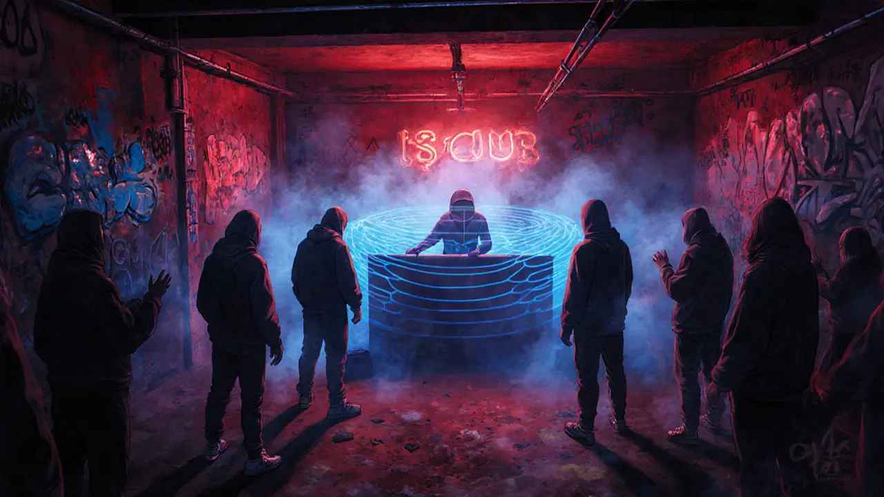 Underground bass club with dim red lighting and hoodied dancers lost in music.