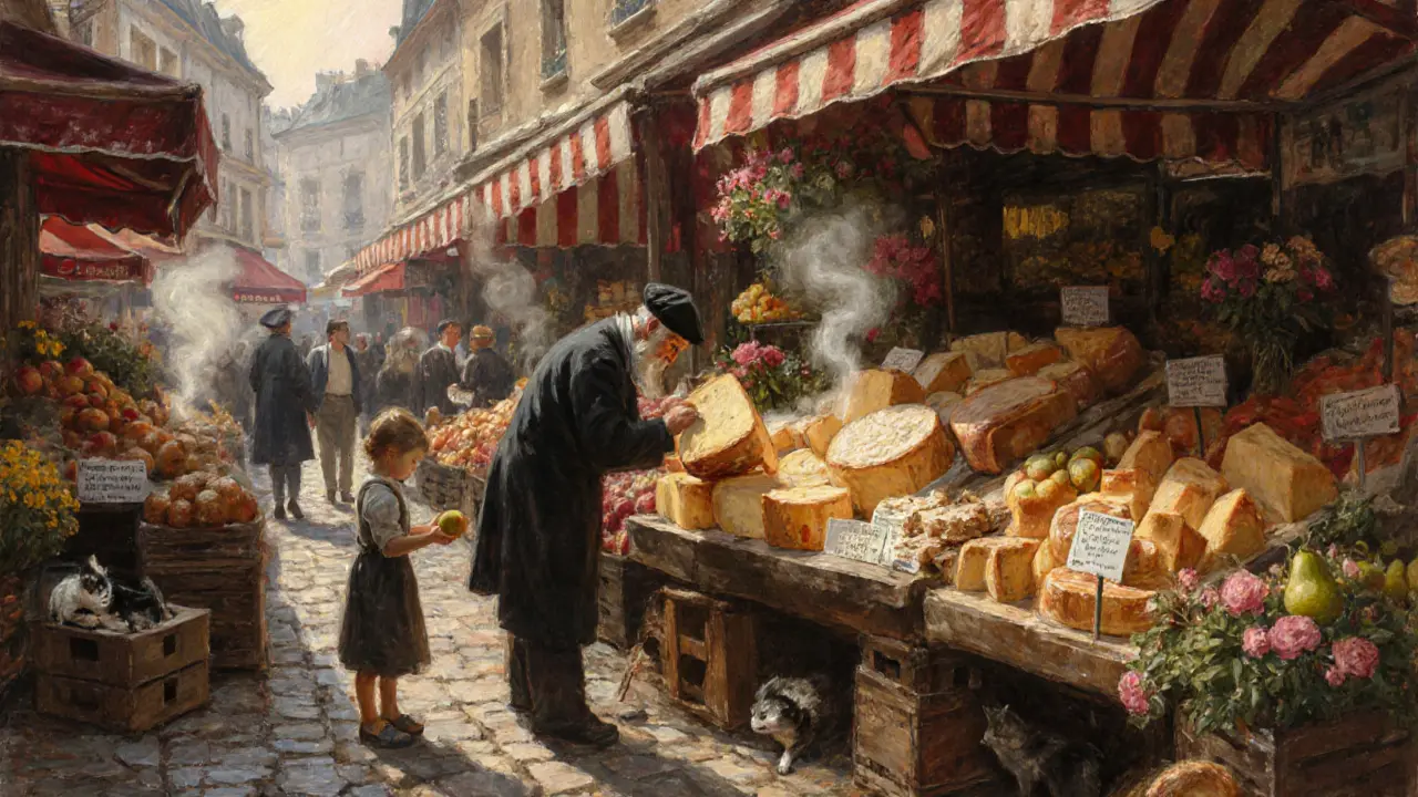 Vibrant dawn market scene at Marché d’Aligre with fresh produce, cheese, and a cat napping on a crate.