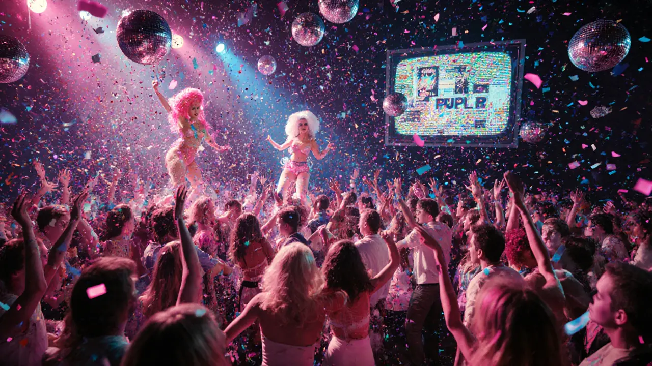 Vibrant disco party with glitter, drag performers, and neon lights under a spinning ball.