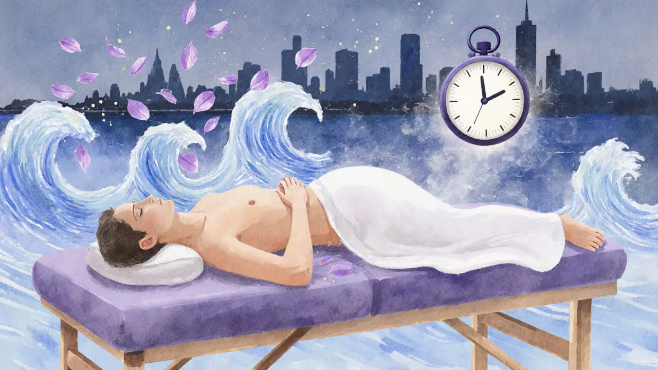 Watercolor illustration of relaxation with floating lavender petals and ocean waves, symbolizing calm and release.