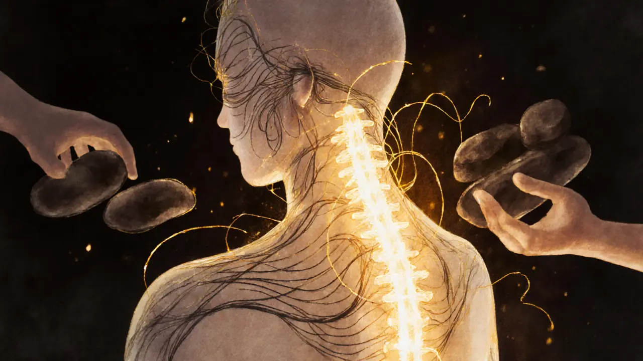 Watercolor silhouette of a body releasing tension as golden light flows outward, symbolizing deep relaxation.