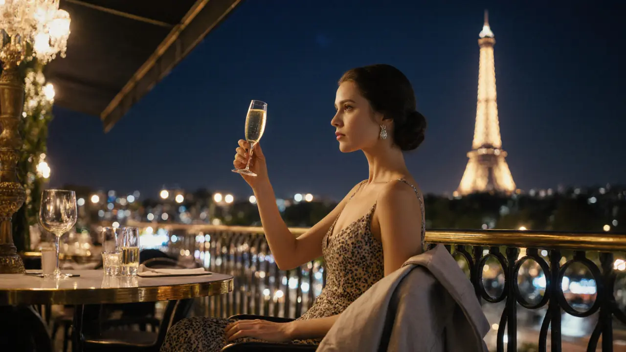 Woman in elegant dress toasting with champagne on a luxury rooftop terrace as the Eiffel Tower sparkles in the night.