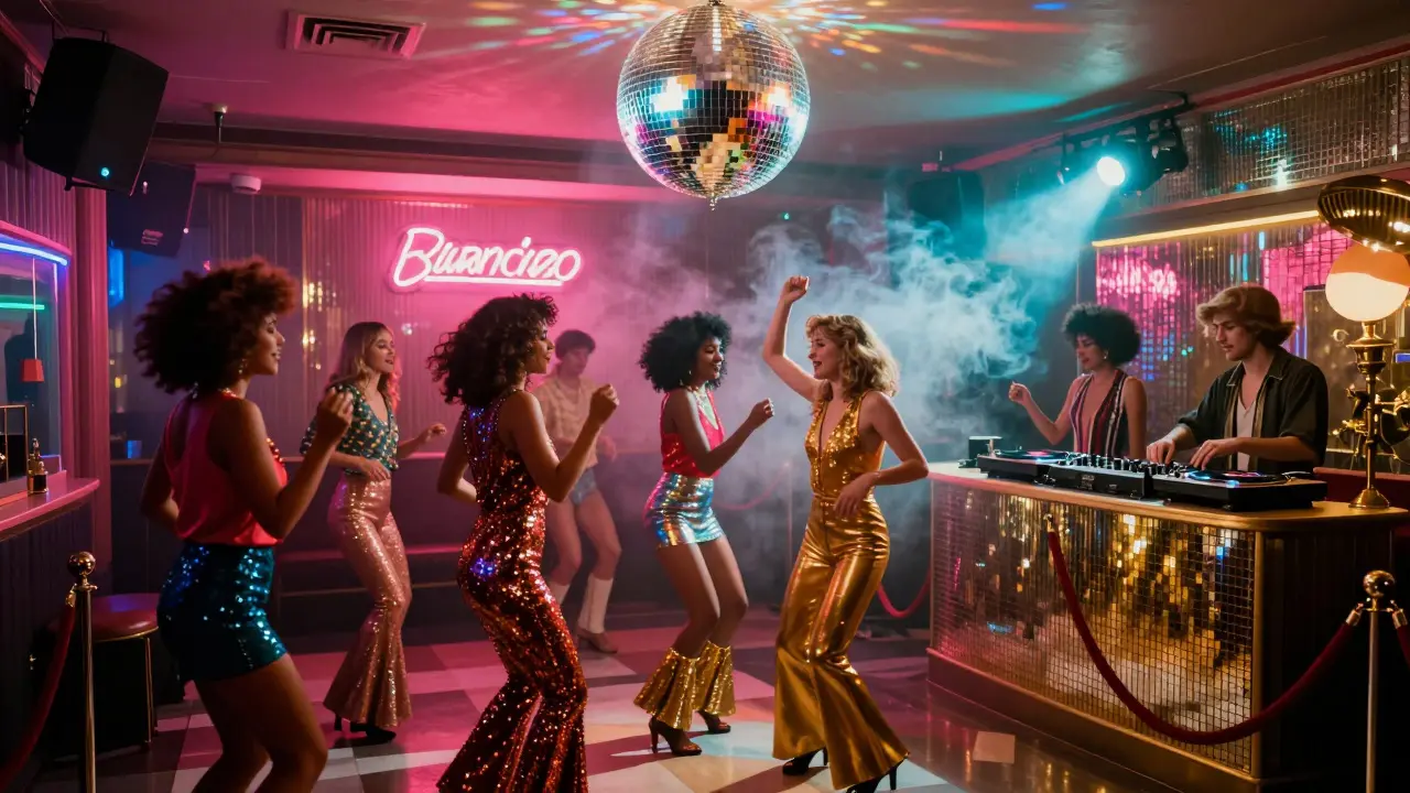 1970s Sydney disco club with glitter ball and dancing crowd in sequins