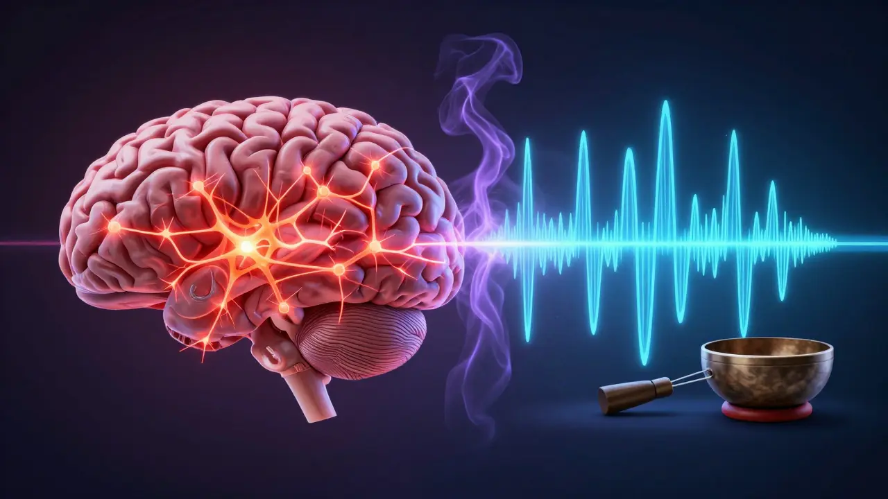 A brain showing contrasting stress and relaxation neural patterns, synced with soothing sound waves.