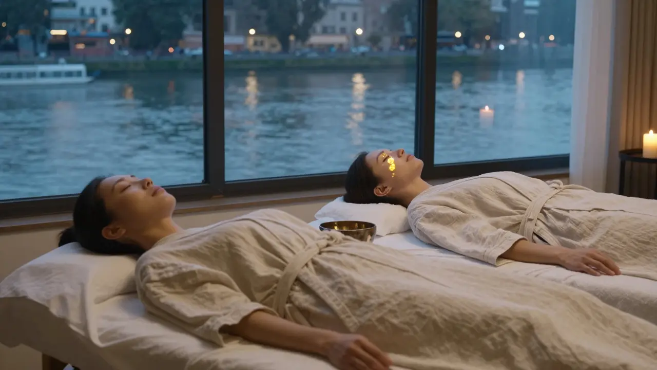 A couple receiving massage side by side in a quiet suite, candles glowing, with a view of the Seine outside.