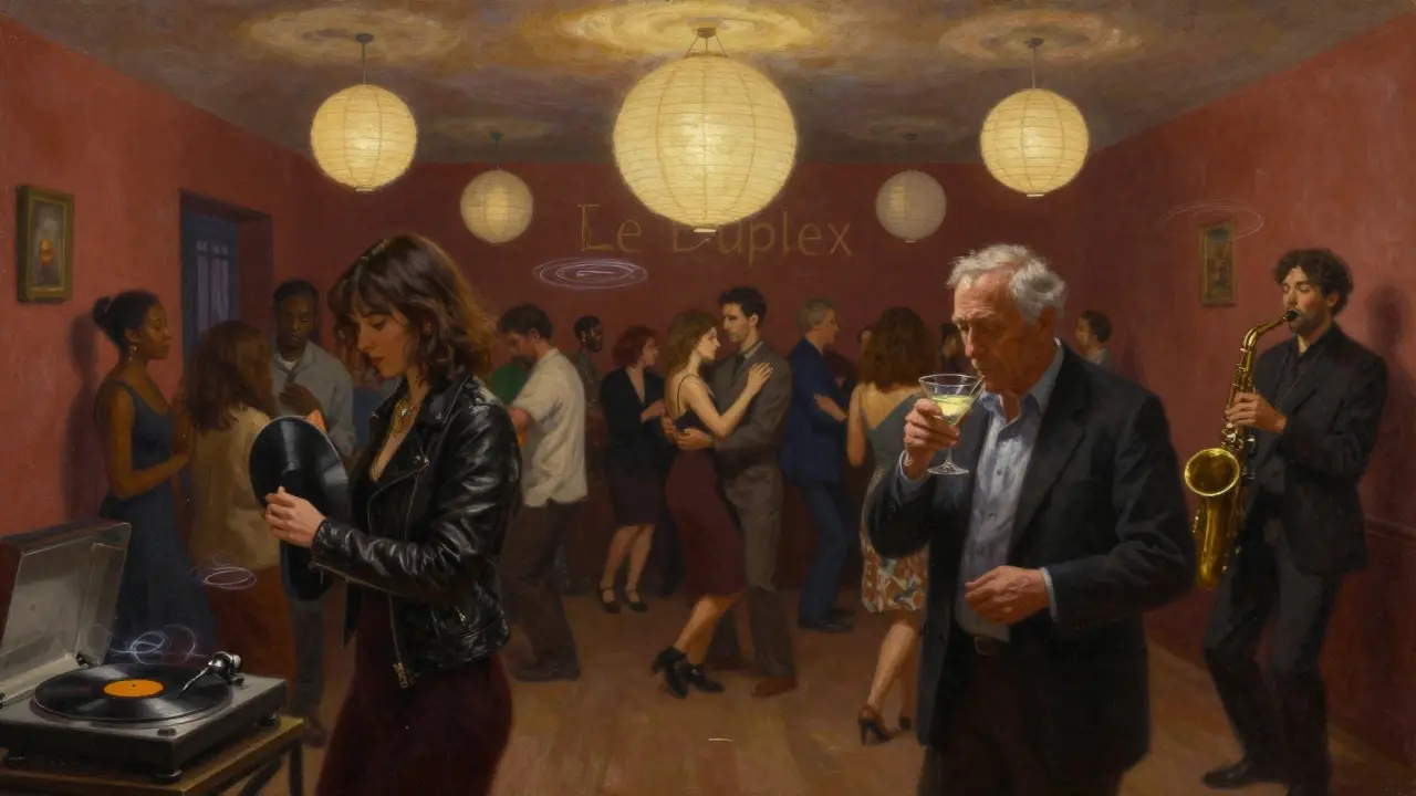 A diverse crowd dances gently under paper lanterns in an intimate upstairs club space with live music.